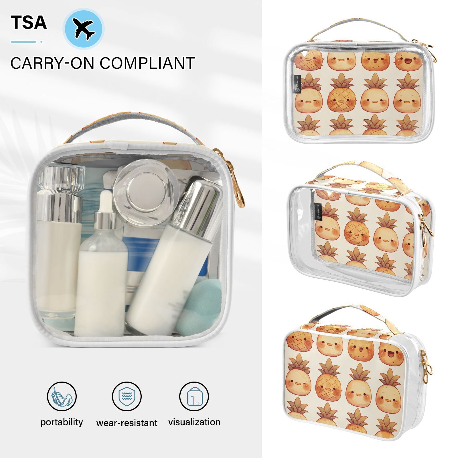 Clear Makeup Bags with Handle Large Opening 2 Pack Set Toiletry Bag Quart Size Bag, for Women Man Traveling Travel Essentials, Toiletries and Other. Cute Pineapples