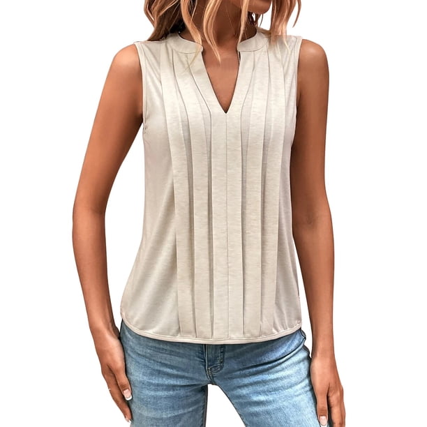 Top sin mangas con cuello en V y pliegues para mujer, poliéster-spandex, tallas S-XXL, elegante/casual, bloques de color