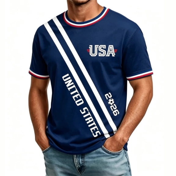 Men's USA Soccer Jersey 2026, USA Team Crewneck Short Sleeve Fans Football Shirt Retro Streetwear Tops for Game Day, Training, Travel, and Casual Wear Dark Blue M