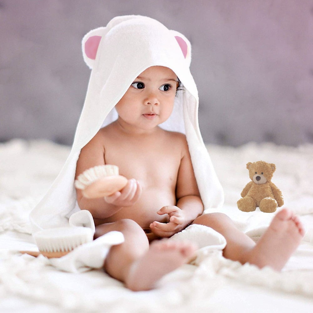 A Set of 3 Pieces Baby Blue, Large ZENBÉBÉ Soft Organic Baby Bamboo Hooded Towel with Bear Ears & 2 Washcloths 