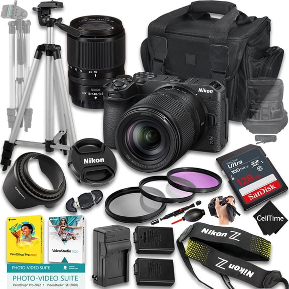 Nikon Z30 Mirrorless Camera with Z DX 18-140mm f/3.5-6.3 VR Lens   128 GB Memory   Extra Battery   Camera Case   Tripod   More (20pc Bundle) (International Version)
