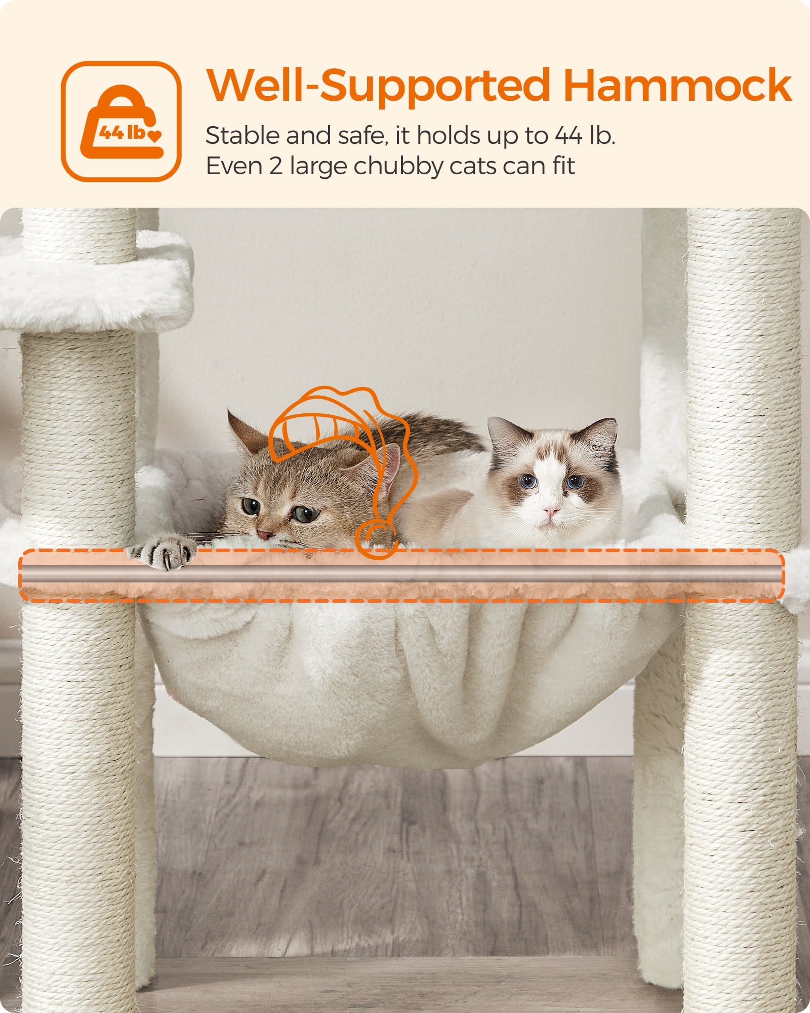 Cat Tree, 54.3-Inch Cat Tower with Scratching Posts, Hammock, Cat Cave, Padded Perches, Wooden Cat Condo, Heather Greige