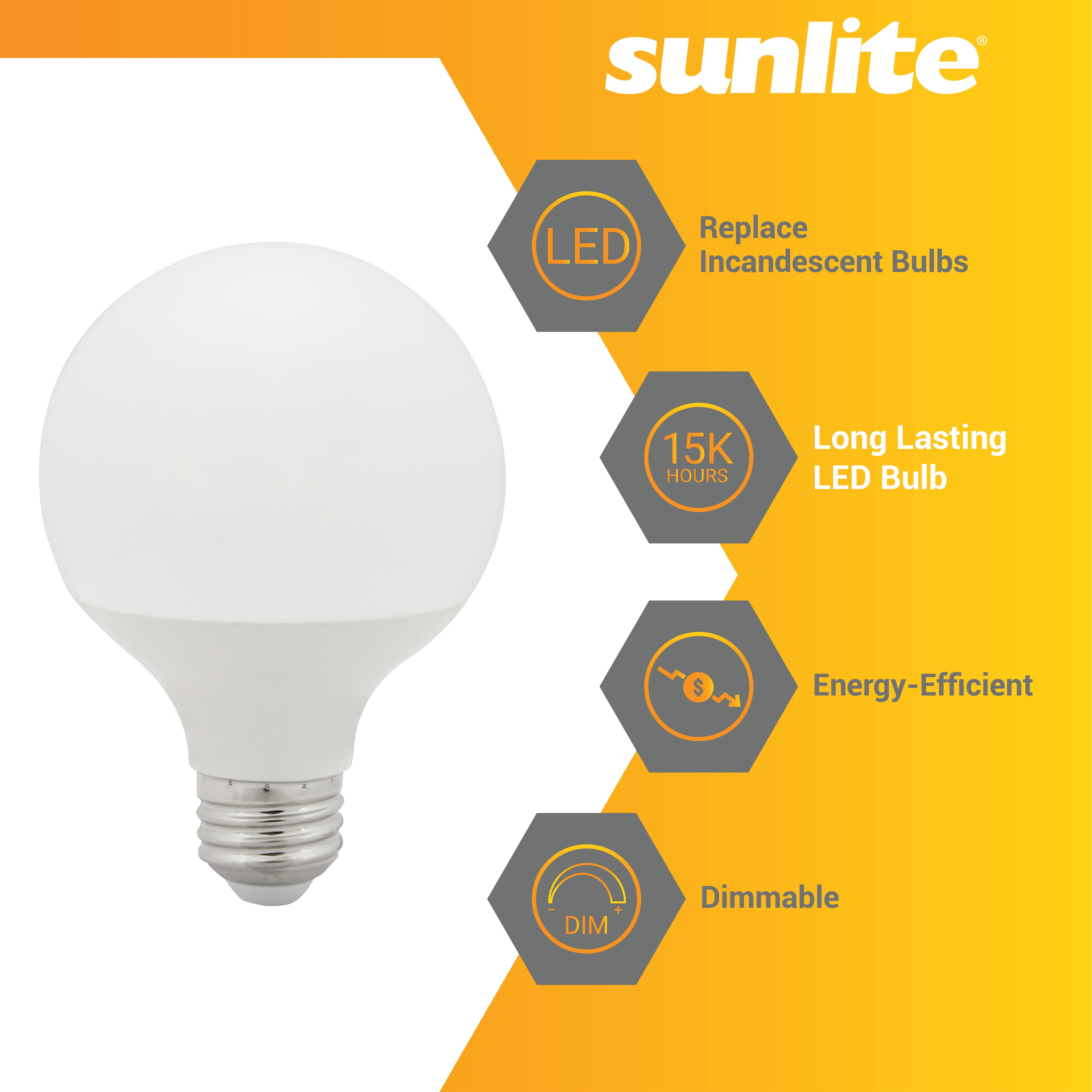Sunlite LED G25 Globe Light Bulb, 6 Watts (60W Equivalent), Standard E26 Base, 500 Lumens, Dimmable, Frosted, 90 CRI, ETL Listed, 2700K Soft White, 6 Pack