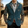 thumbnail image 2 of DGMIOCS Men's Corduroy Western Print Blazer Vintage Single Button Coat Long Sleeve Jacket with Pockets Navy L, 2 of 5