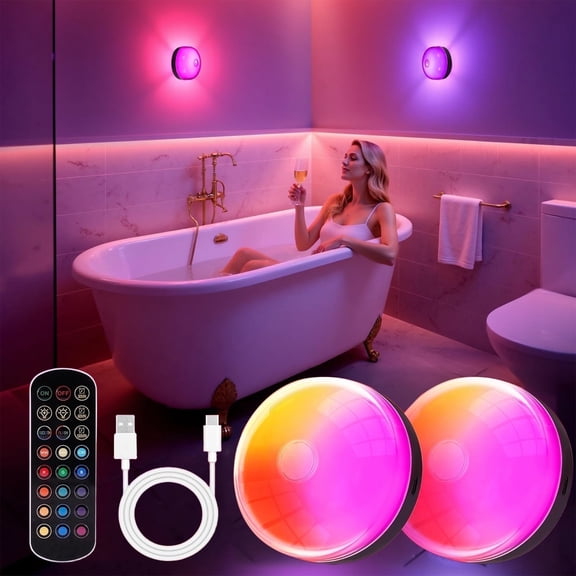 2-Pack Rechargeable Shower Lights for Inside Shower, 15 RGBW Color Changeable Waterproof Lights for Shower with Remote(Dimmable＆Timer), Wireless LED Mood Lighting for Bathroom, Closet, Bedroom, Party