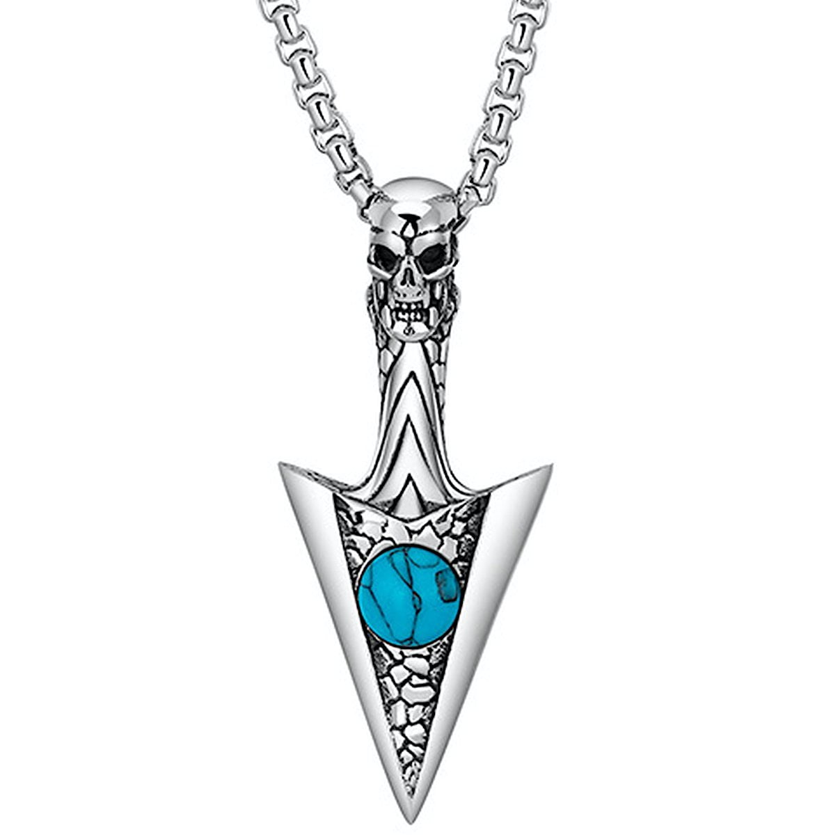 Men's Stainless Steel Skull Arrowhead Spearpoint Pendant Necklace