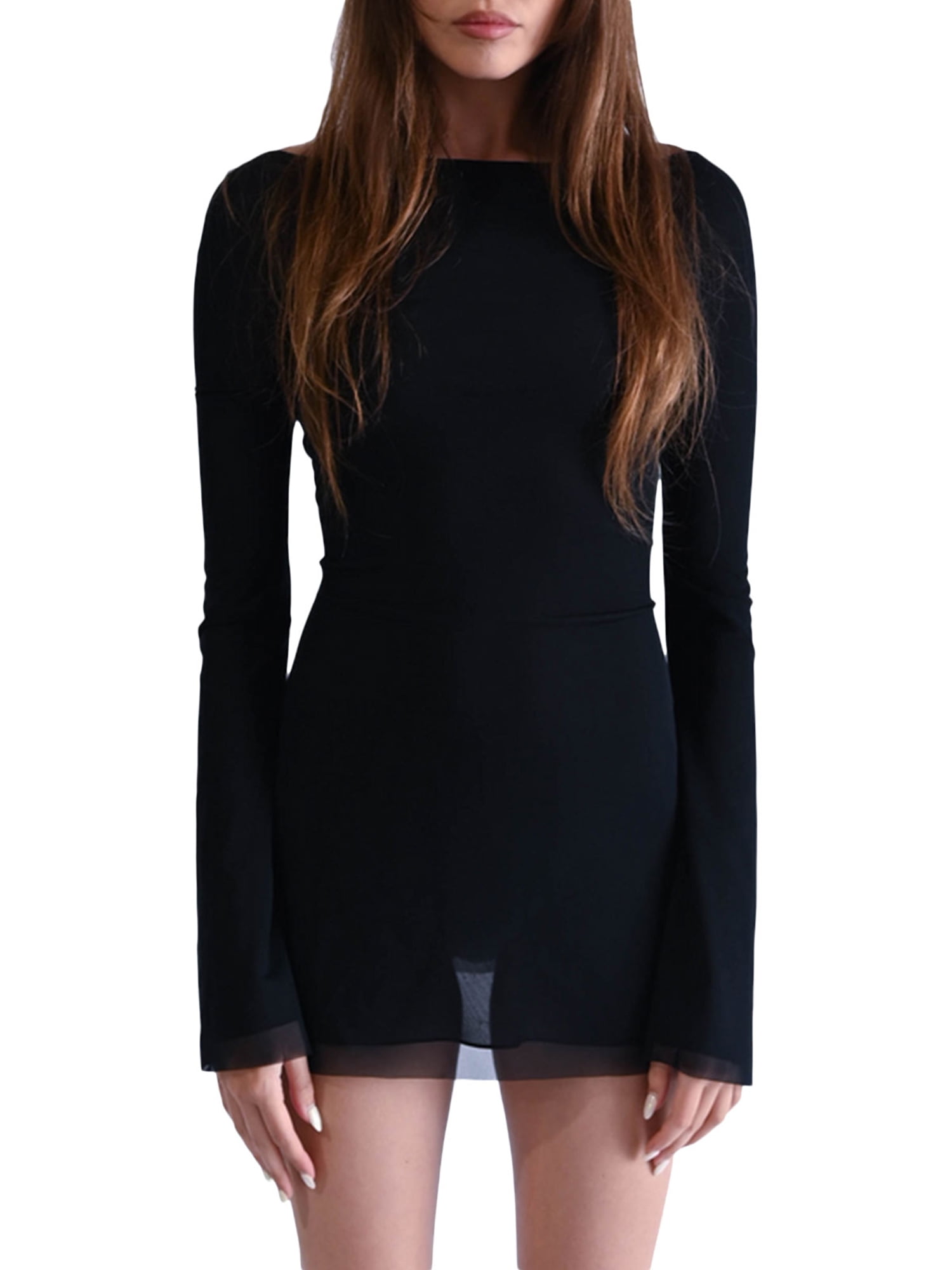Fashion (black)Ruched Bodycon Mini Dress Women Clothes Fall Long Sleeve O  Neck Lace Up Draped Tight Dresses Woman Party Night DON @ Best Price Online