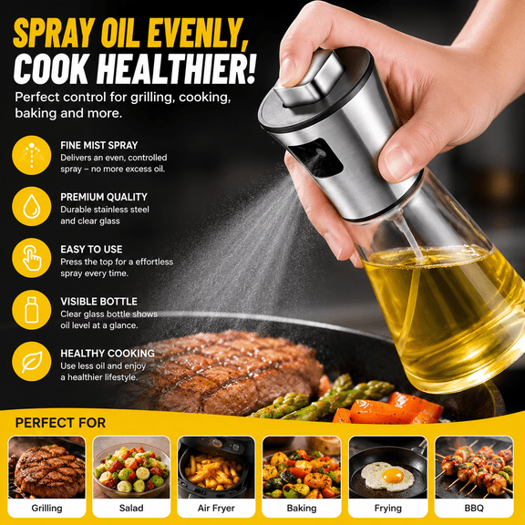 Refillable Glass Olive Oil Spray Bottle with Stainless Steel Pump, Even Mist Cooking Oil Mister for Baking, Roasting, Grilling and Salad Dressing
