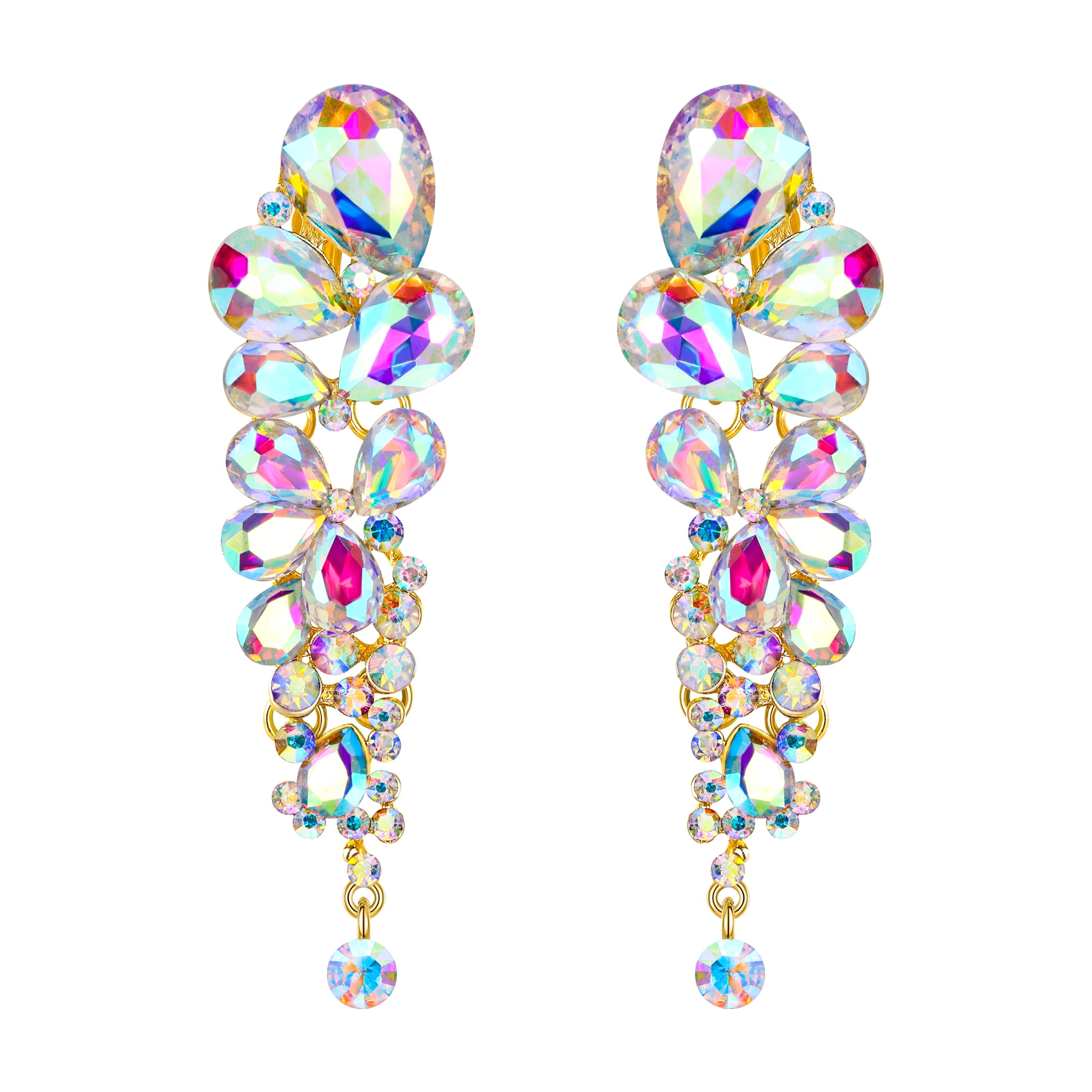 Wedure Wedding Austrian Crystal Tear Drop Clipon Dangle Earrings for