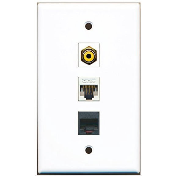 RiteAV - 1 Port RCA Yellow and 1 Port Phone RJ11 RJ12 Black and 1 Port Cat5e Ethernet White Wall Plate