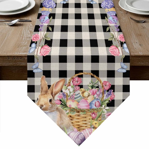 Easter Bunny Table Runner Linen Burlap Table Runner 108 Inches Long Spring Easter Eggs Floral Black White Check Dresser Scarves for Kitchen Island Coffee Dining Party Wedding Holiday Decor 13"x108"