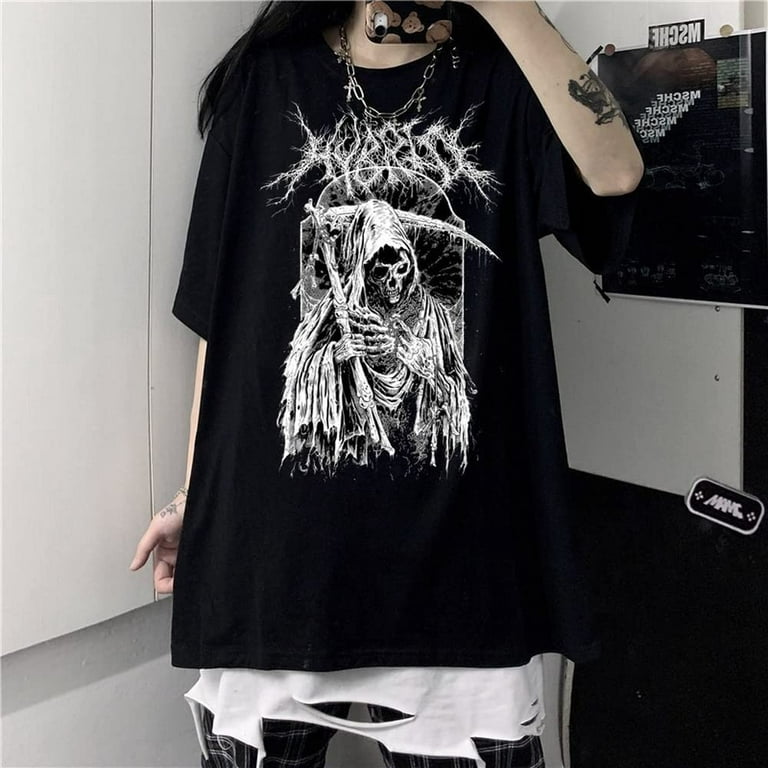 DanceeMangoo Gothic T-Shirt Tee Aesthetic Loose Punk Dark Streetwear  Skeleton 90S Vintage Goth Tops Harajuku Y2k Clothes Women 