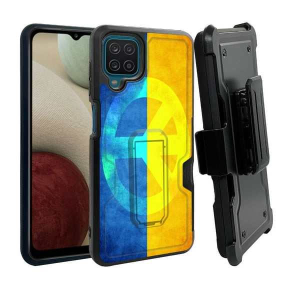 ANJ  Rugged Dual Layer Shockproof Holster Case w/Card Slot, Kickstand   Tempered Glass for Samsung Galaxy A12 - Peace in Ukraine 2