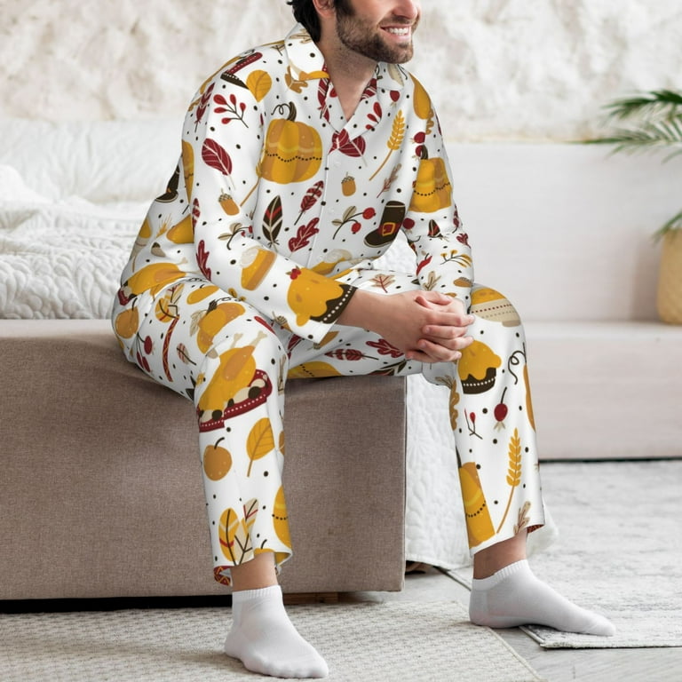 Mens Pajamas Set Thanksgiving Soft Comfy Long Sleeve Button Up Pajama Sets for Men 2 Piece Sleepwear Nightwear Pjs Lounge Sets for Men with Pockets