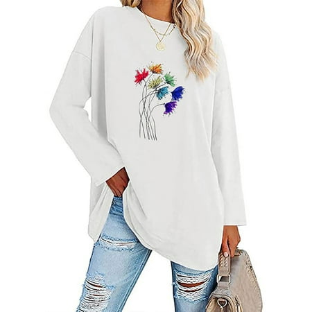 Zanvin Womens Fall Fashion Tops 2022 Clearance, Womens Classic Floral Print Crewneck Long Sleeve Loose Tops Blouses Shirt White XXL, Gifts for Women