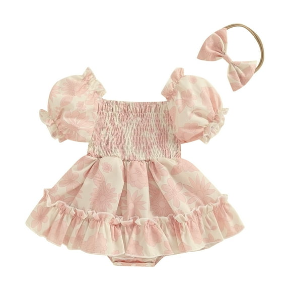 Aojekbee Baby Girls Summer Romper Dress Short Puff Sleeve Off Shoulder Floral Romper with Headband