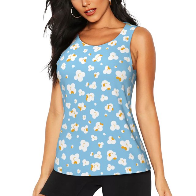 Balery Blue Popcorn Camiseta sin mangas estampada ligera para mujer, tops de entrenamiento sin mangas, camisetas de yoga transpirables de secado rápido.-Medium