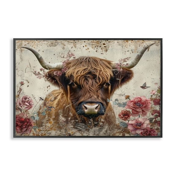 Stupell Industries Highland Cow in Spring Animals Painting Black Framed Art Print Wall Art, 18 x 12