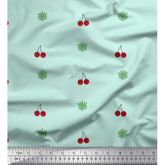 Soimoi Green Cotton Duck Fabric Snowflakes & Cherry Fruits Fabric Prints By Yard 42 Inch Wide
