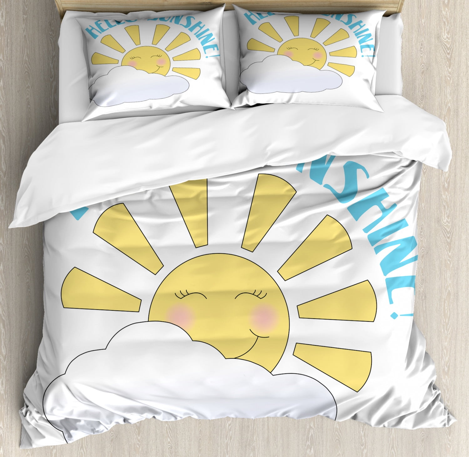 Hello Sunshine Duvet Cover Set, Morning Themed Rising Smiling Sun and