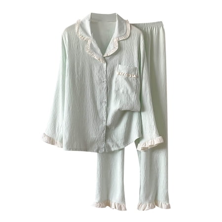 Paiwinds Women's Turndown Collar Long Sleeve Pajama Set - Cotton Straight-Leg Pants & Relaxed Top Classic Home Sleepwear