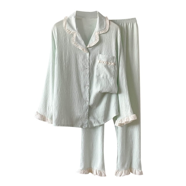Timegard Womens Pajamas Sets 2 Piece Fall Cute Button down Shirts Ruffle Pants Comfy Outfits Sleepwear