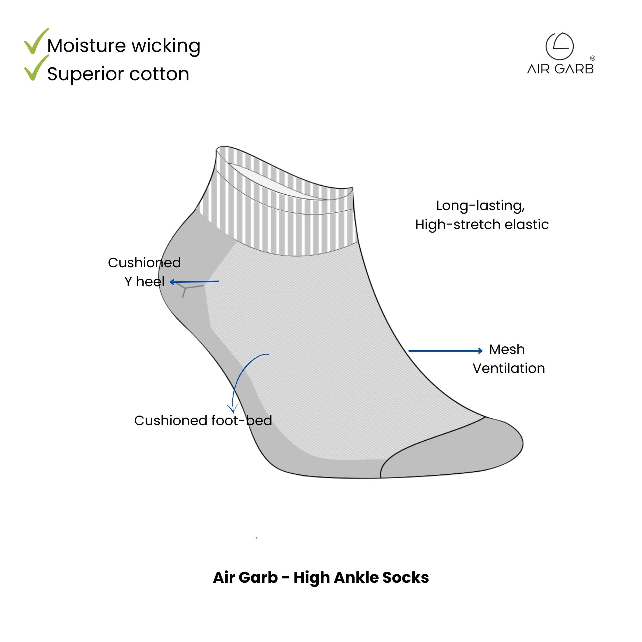 AirGarb Cushioned High Ankle Socks for Men and Women Made with Cotton & Spandex Free Size - HA12-BL (Pack of 12)