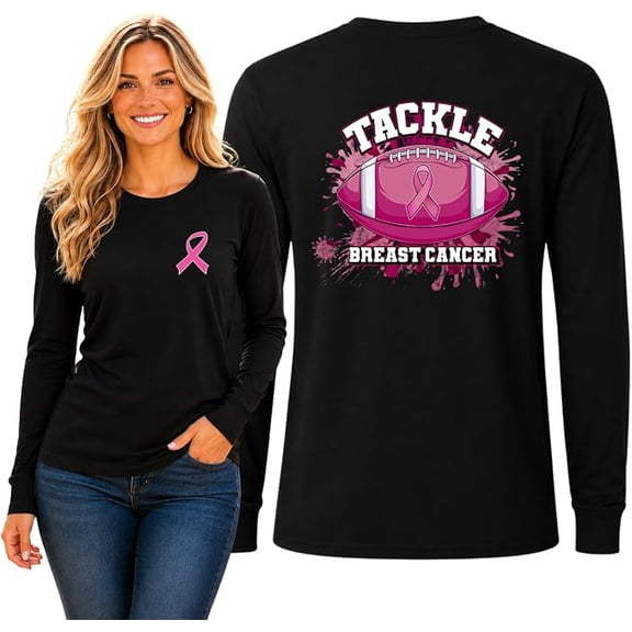 Wild Bobby Tougher Than Cancer Football Paint Splatters Breast Cancer Awareness Front and Back Mens Long Sleeve Shirt, Black, Small