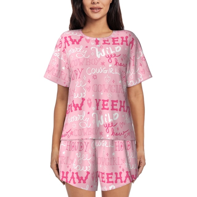 Balery Western Cowgirl Conjunto de Pijama para Mujer con Estampado, Dos Piezas de Manga Corta y Shorts, Ropa de Dormir Suave con Cuello Redondo y Bolsillos-X-Large