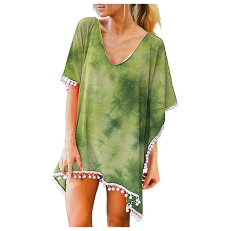 Swimsuit Women Plus Size Swimming Suits Trim Kaftan Chiffon Tassels Swimwear Beach Loose Bikini Cover Up Tops