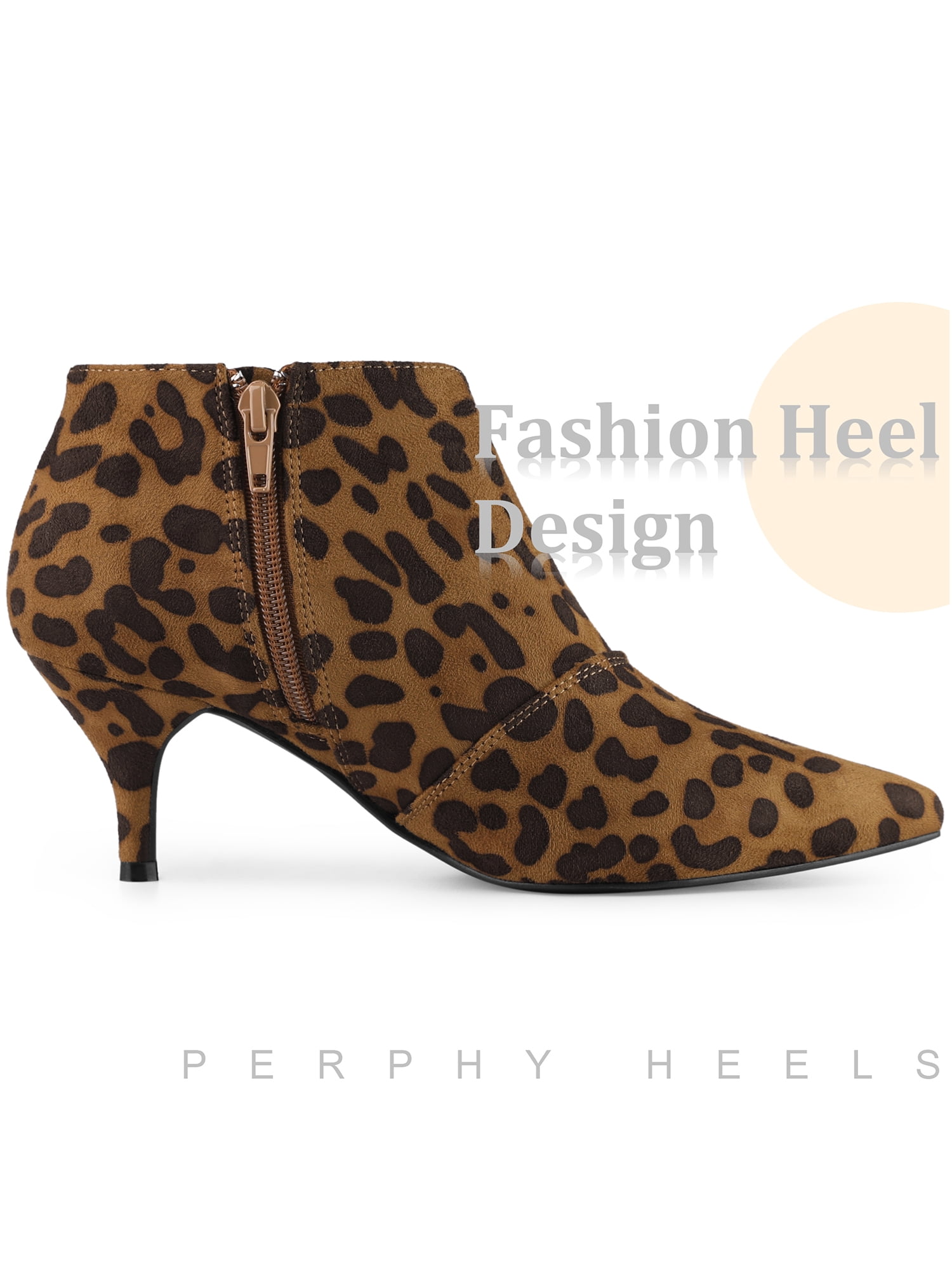 Unique Bargains Pointed Toe Cutout Kitten Heels Ankle Boots for Women Brown Leopard 7.5