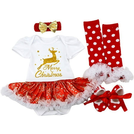 

Maxcozy Newborn Baby Girls Christmas Deer Outfit Romper Tutu Skirt+ Headband +Leg Warmer +Shoes Set 12-18 Months