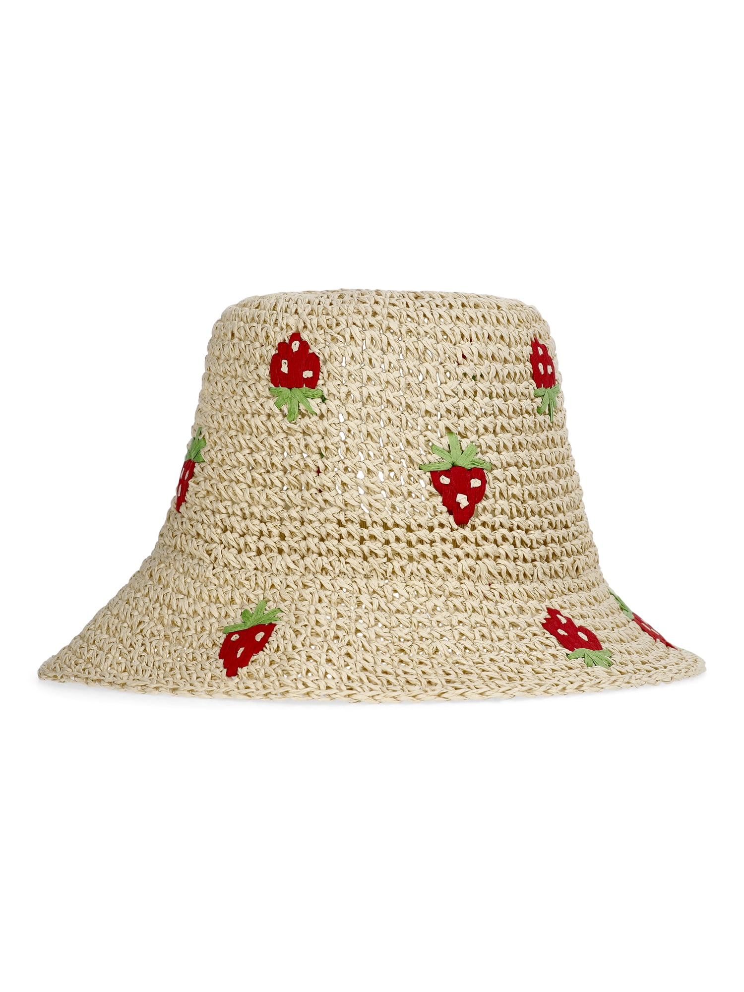No Boundaries Straw Bucket Hat, Women's, Natural/Strawberry