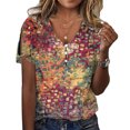 thumbnail image 1 of Camiseta de verano para mujer con hombros descubiertos y manga corta con estampado floral y cuello en V con botones para mujer, 1 of 5