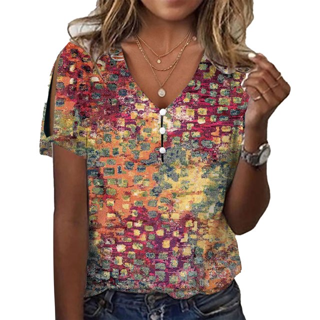 Camiseta de verano para mujer con hombros descubiertos y manga corta con estampado floral y cuello en V con botones para mujer