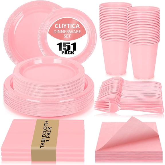 Pink Plastic Plates for Party,30 Guest Disposable Plastic Plates Set 9" Plates,7" Dessert Plate,Napkins,Cups,Forks & Tablecloth for Birthday Wedding Baby Shower,Girlfriends Tea Party