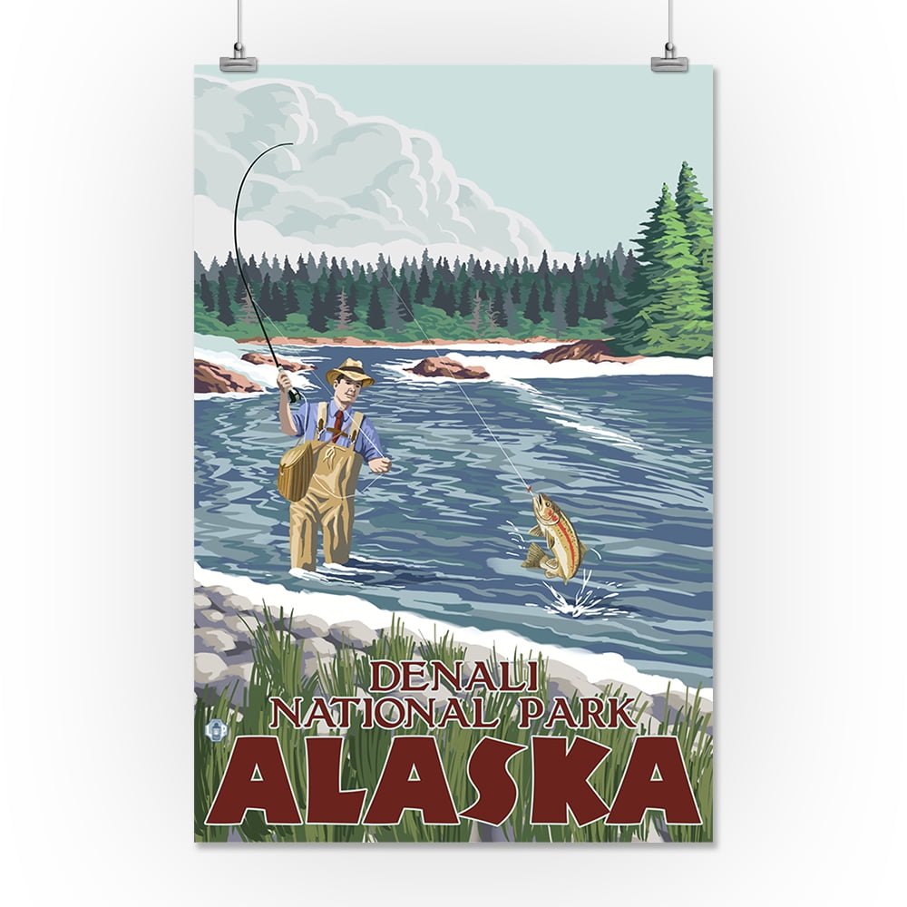 Fly Fisherman - Denali National Park, Alaska - LP Original Poster (16x24  Giclee Gallery Print, Wall Decor Travel Poster)