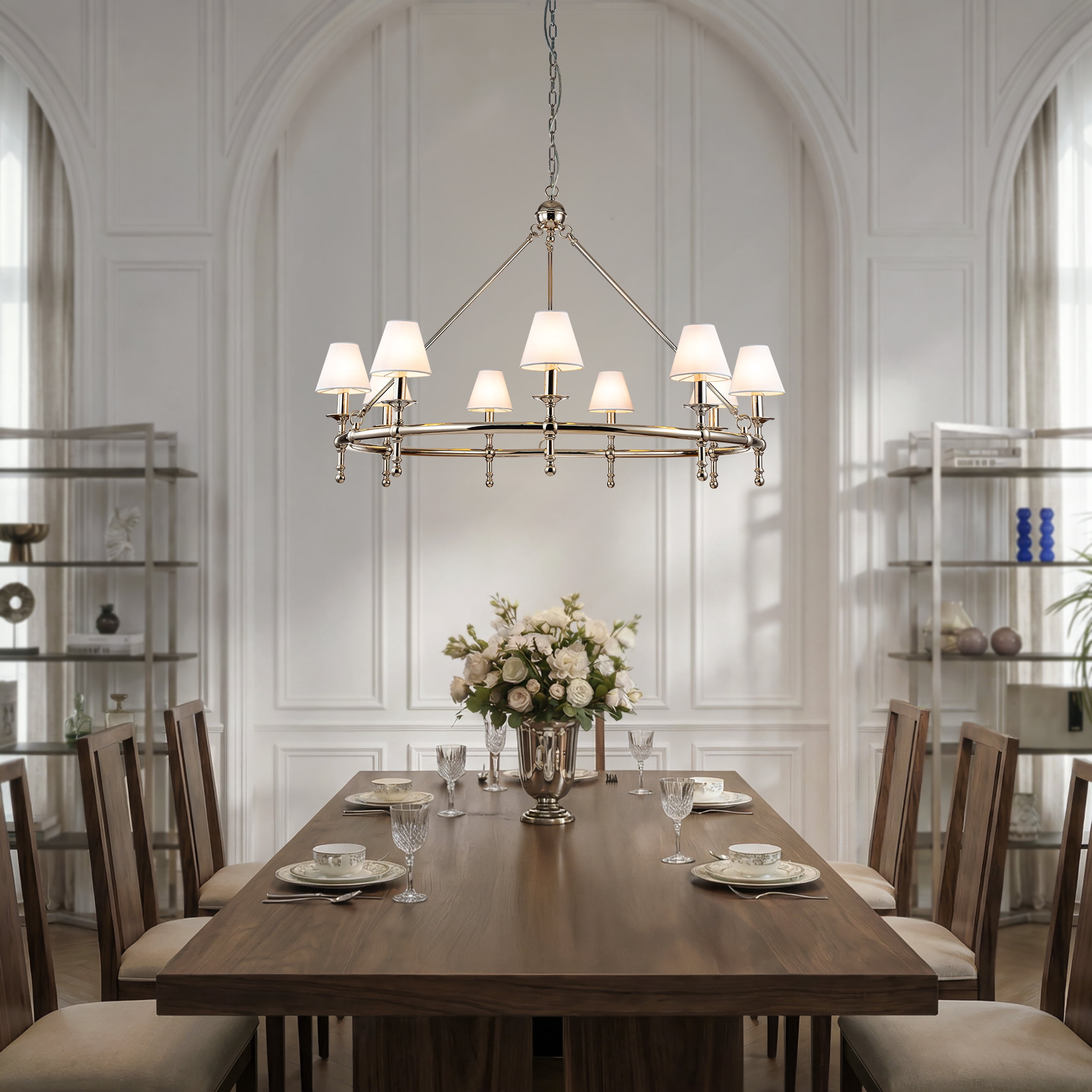 47 in. 9-Light  Modern Polished Nickel Chandelier with White Fabric Shades for Dining Rooms and Large Rooms