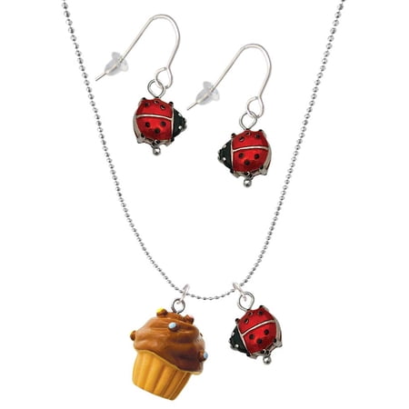 Delight Jewelry Resin Vanilla Cupcake with Chocolate Frosting Red Lucky Ladybug Necklace and Dangle Earrings Set