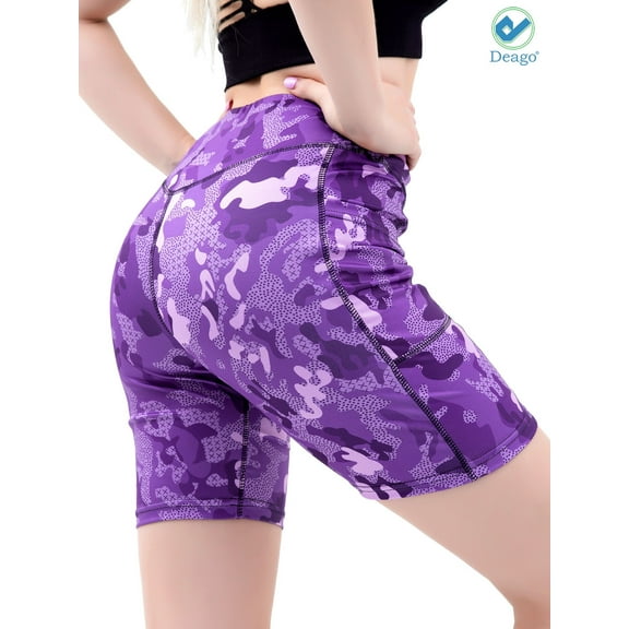 Deago Women's High Waist Workout Yoga Pants Running Compression Shorts Tummy Control with Side Pockets (Purple, M)