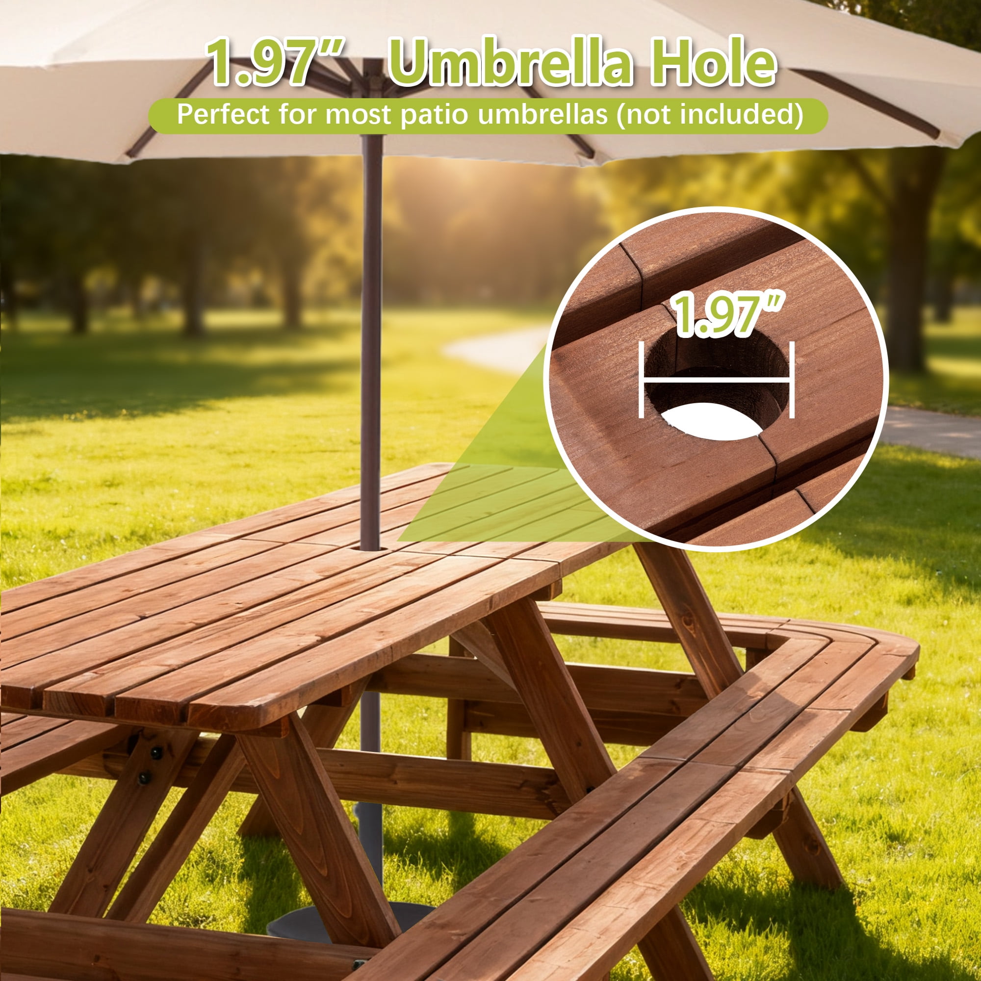 Wooden Picnic Table Bench Set for 14-16 Persons,Large Outdoor Rectangle Picnic Table with Umbrella Hole for Patio,Garden,Backyard