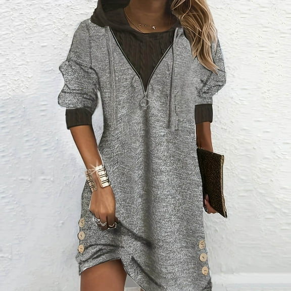 Brilliant Sweatshirt Dresses Women Plus Zip Collar with Pockets 2024 Women Winter Casual V-Neck Long Sleeve Button Long Dress Gray 2x