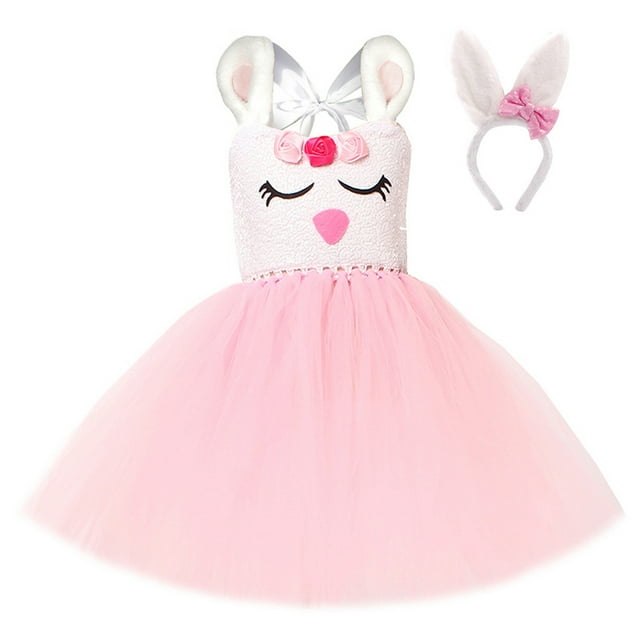 PMVFHDE Robe de Pâques pour Filles Poussin Jaune Princesse Tutu Costume, Tenue de Cosplay d'Animaux Fête Spectacle pour Tout-Petits Enfants Célébration de Printemps Rose, 8-9 Ans
