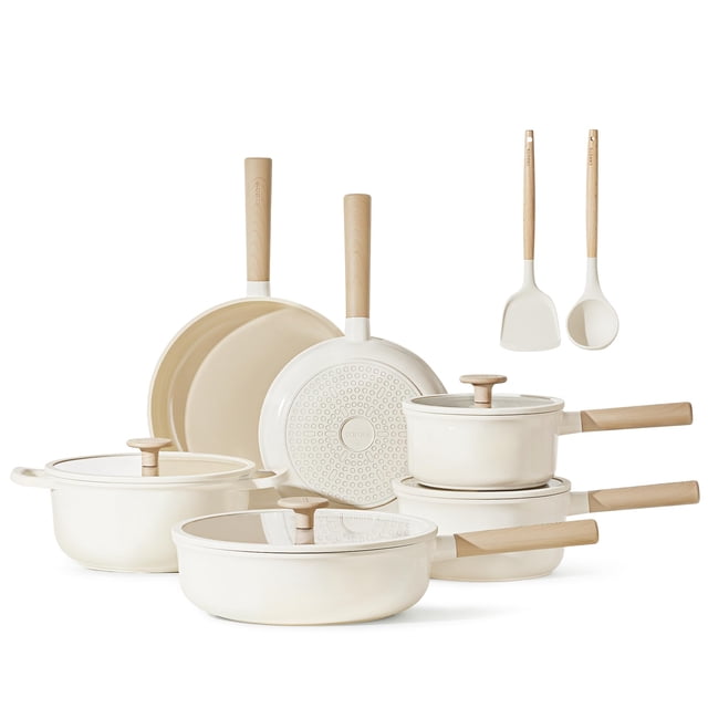 Batería de Cocina 12 Piezas Ollas y Sartenes Antiadherentes Cerámica Color Granito Compatible Inducción Gas