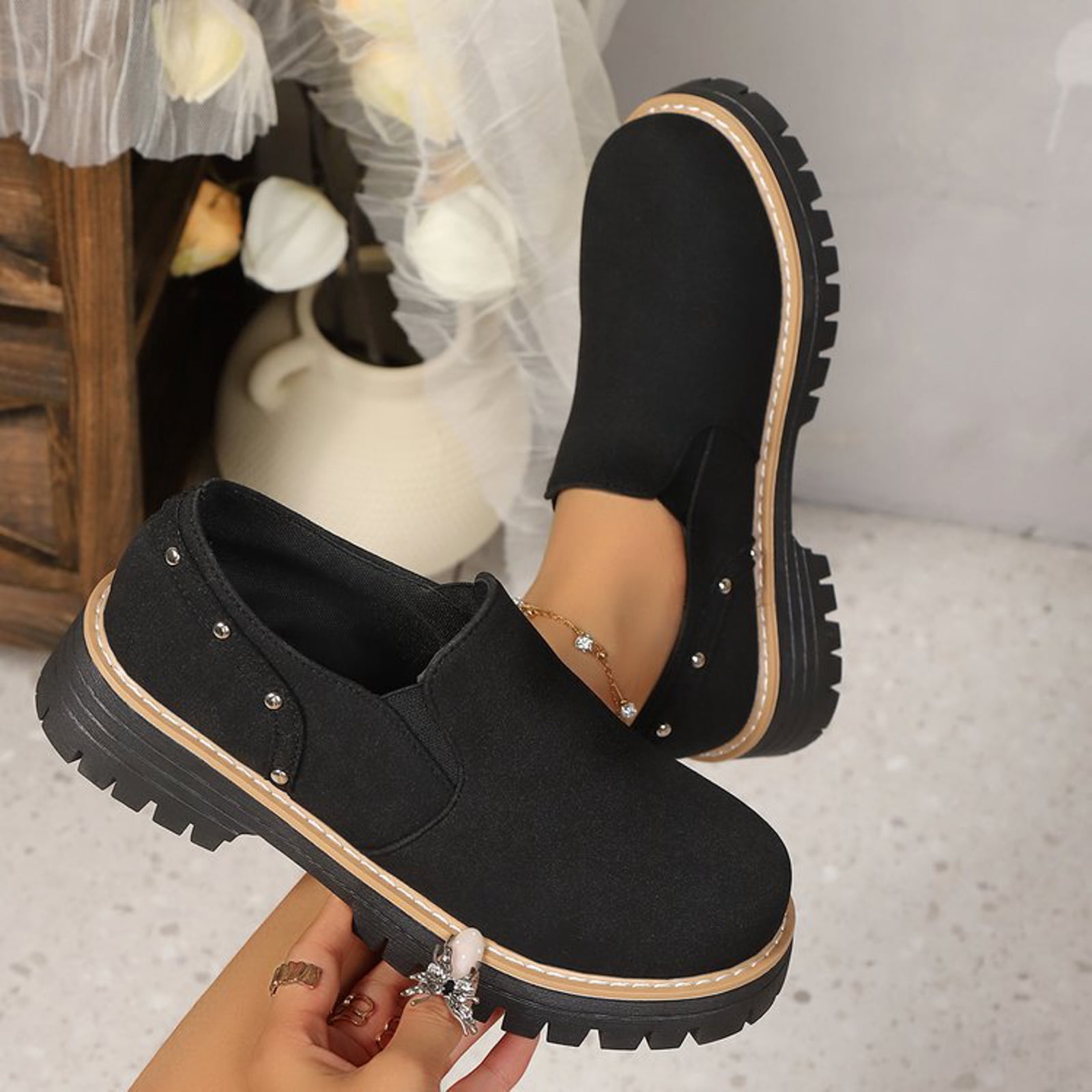 Fashion Studded Suede Loafers for Women Comfortable Wide Toe Box Non Slip Dress Shoes Lightweight Slip On Casual Shoes Black Size 8