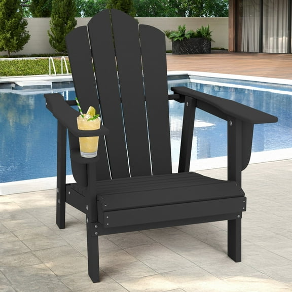 Tappio HDPE Adirondack Chair, Patio Seat All Weather Outdoor Patio Chair with Cup Holder for Lawn Yard Fire Pit, Black