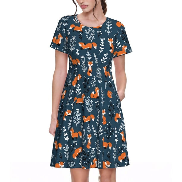 Balery cute fall fox Vestidos sueltos de manga corta para mujer, vestidos de verano 2025, vestidos casuales de corte A con vuelo.