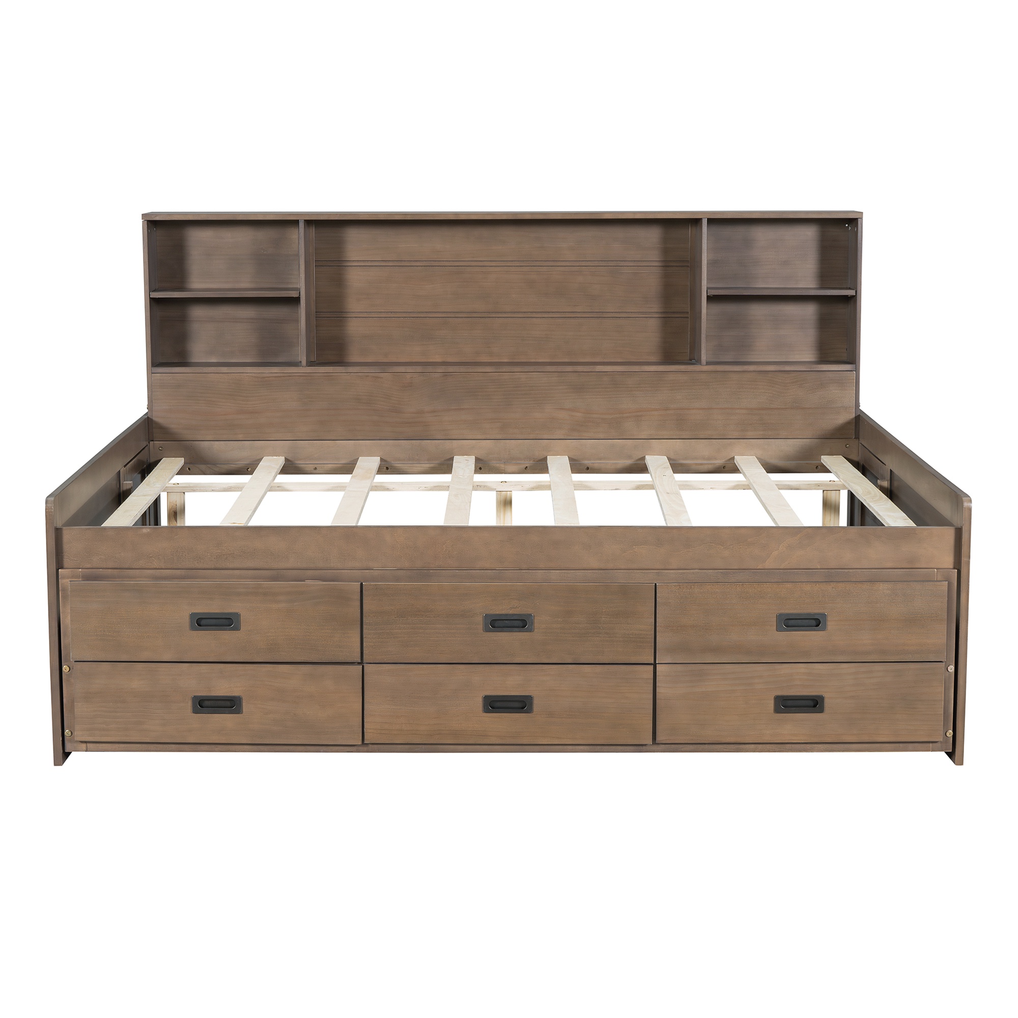 PORKISS Full Size Daybed, Wooden Captain Daybed with Storage Bookcase Headboard, Modern Captain’s Bed with Twin Size Trundle and Storage Drawers for Kids, Teens, No Box Spring Needed, Walnut