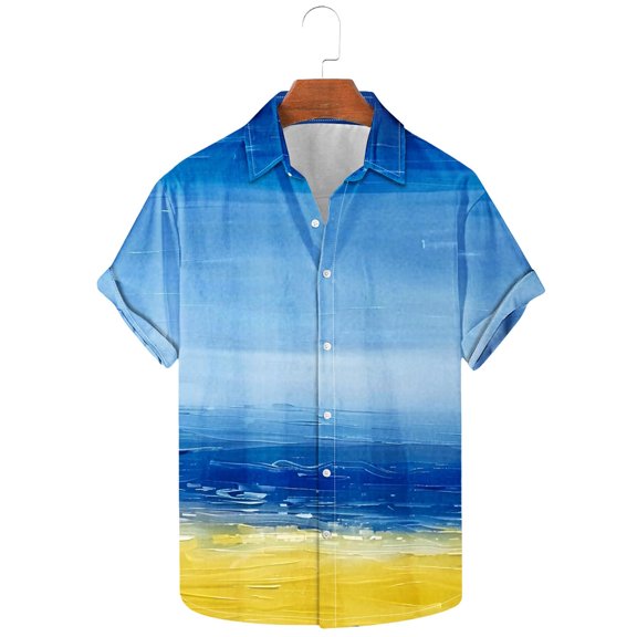 Mens Gradients Tshirt Button-Down Blouse Tops Casual Short Sleeve Shirts Lapel Collar Loose Shirt Summer Clothing 2025