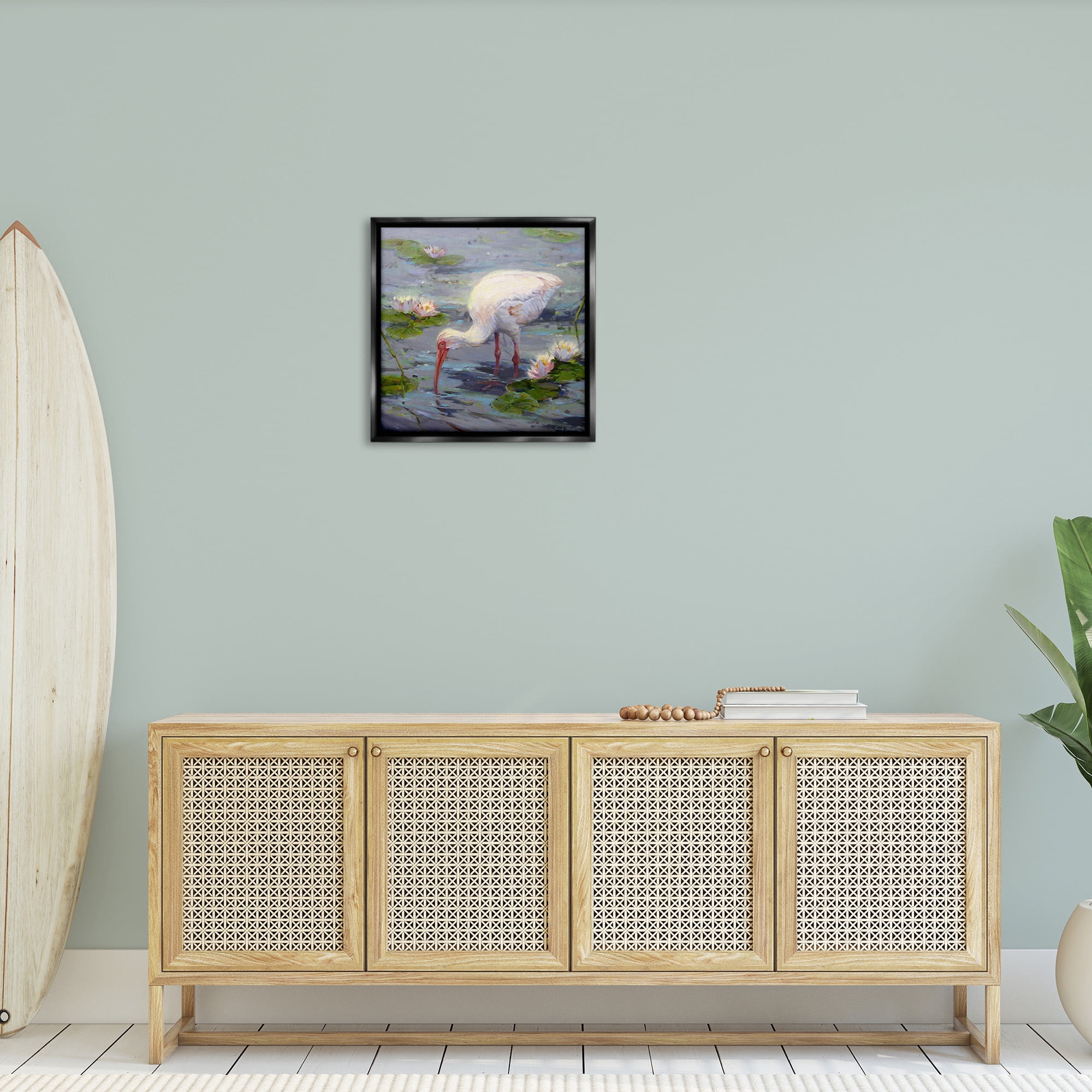 Stupell Industries Water Bird with Pond Lilies Animals & Insects Painting Black Floater Framed Canvas Art Print Wall Art, 25 x 25